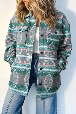 charcoal shacket featuring buttoned and geometric