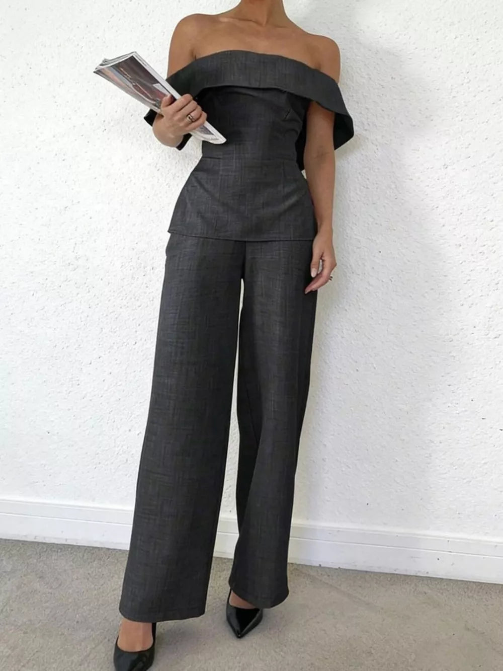 Chic dark gray off-shoulder top and wide-leg pants set