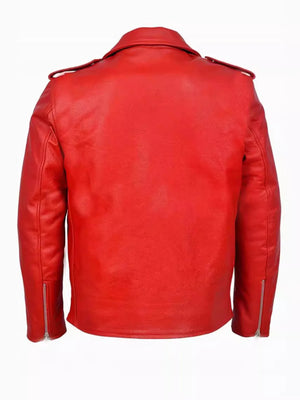 Red leather motorcycle jacket with zip cuffs and shoulder epaulets.