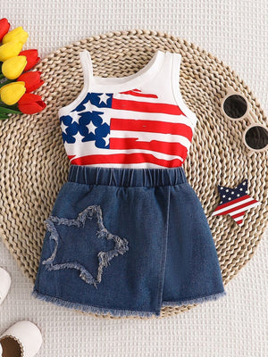 Baby American flag tank top and denim skirt set with star applique.