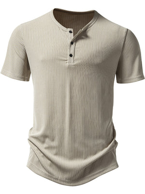 Men's Khaki ribbed short sleeve henley t-shirt with button placket.