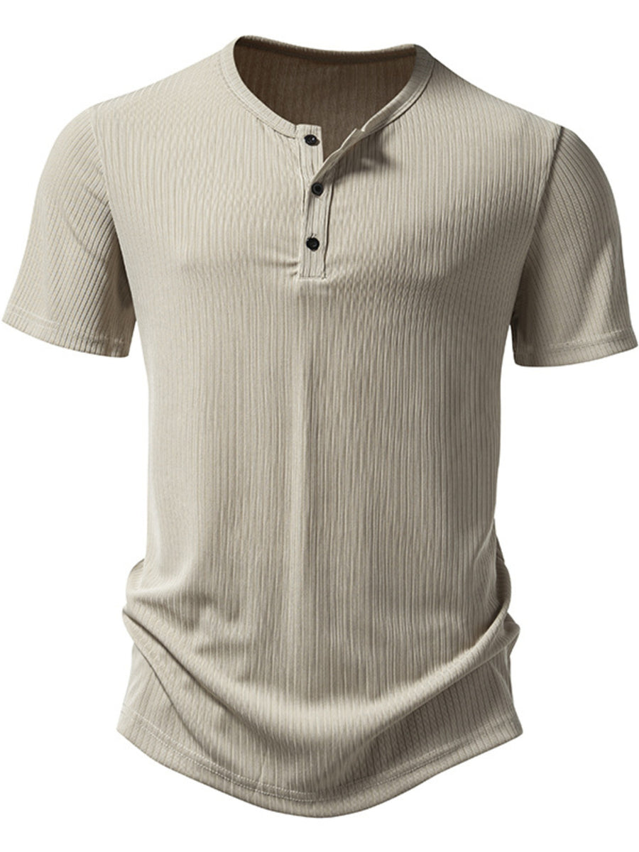 Men's Khaki ribbed short sleeve henley t-shirt with button placket.