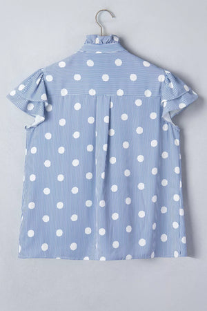 Blue and white striped and polka dot ruffled shirt with button-down detail.