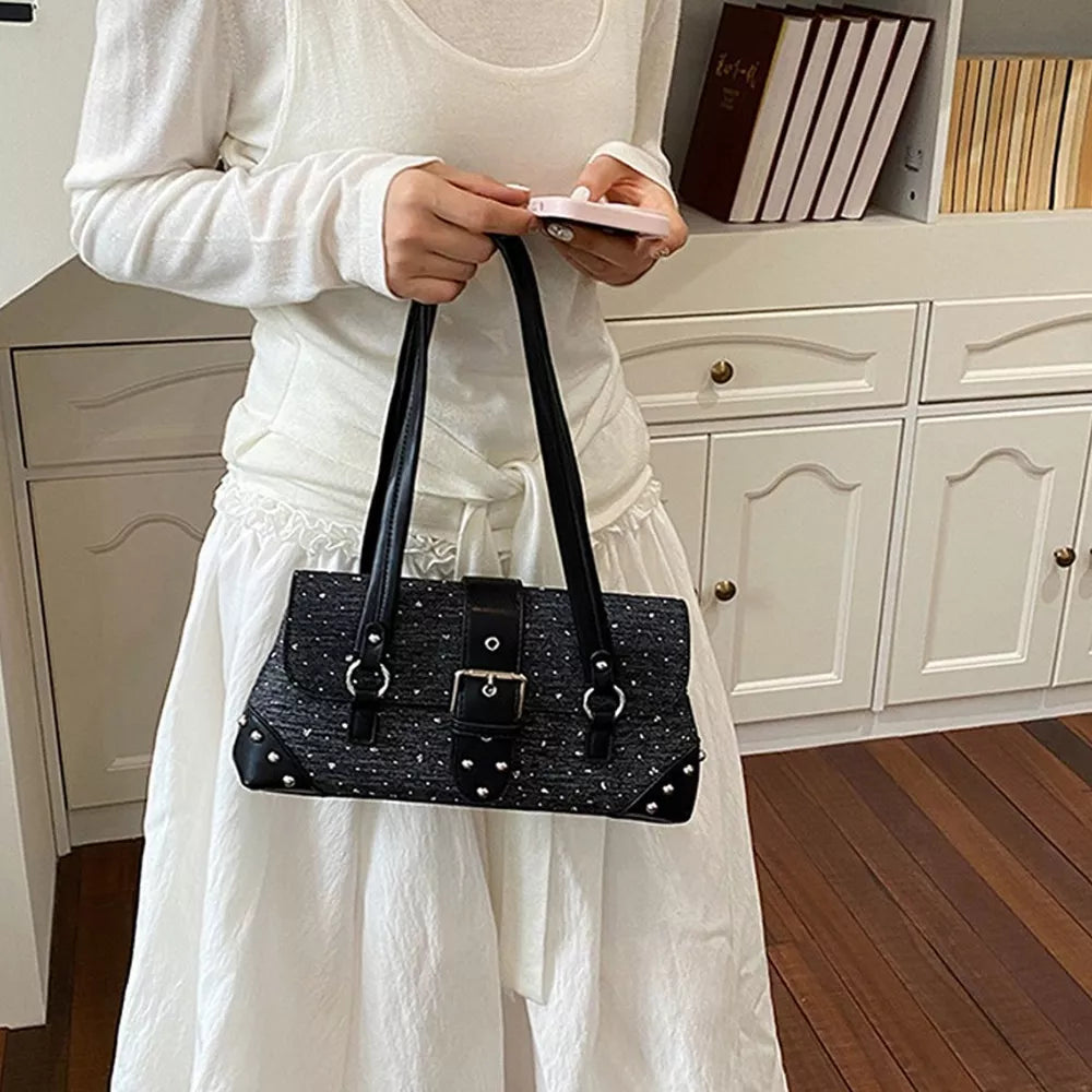 PU Leather Imported Size &amp handbag in dark gray with boxy silhouette