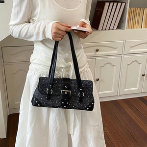 PU Leather Imported Size &amp handbag in dark gray with boxy silhouette