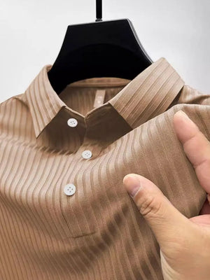 Textured ribbed polo shirt in Khaki with buttoned placket and spread collar.