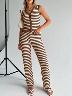 Brown and white striped knit two-piece set with buttoned sleeveless top and wide-leg pants.