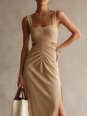 Ruched Cut-out Midi Dress in Khaki