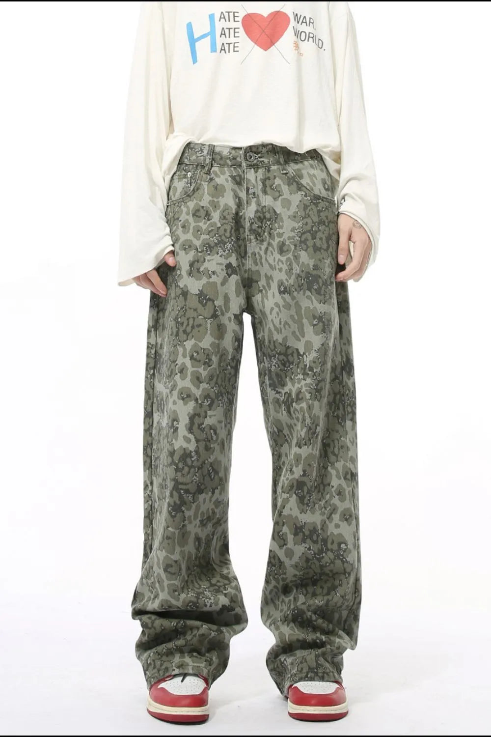 Camouflage wide-leg denim trousers in Sage, featuring a relaxed fit and casual style.