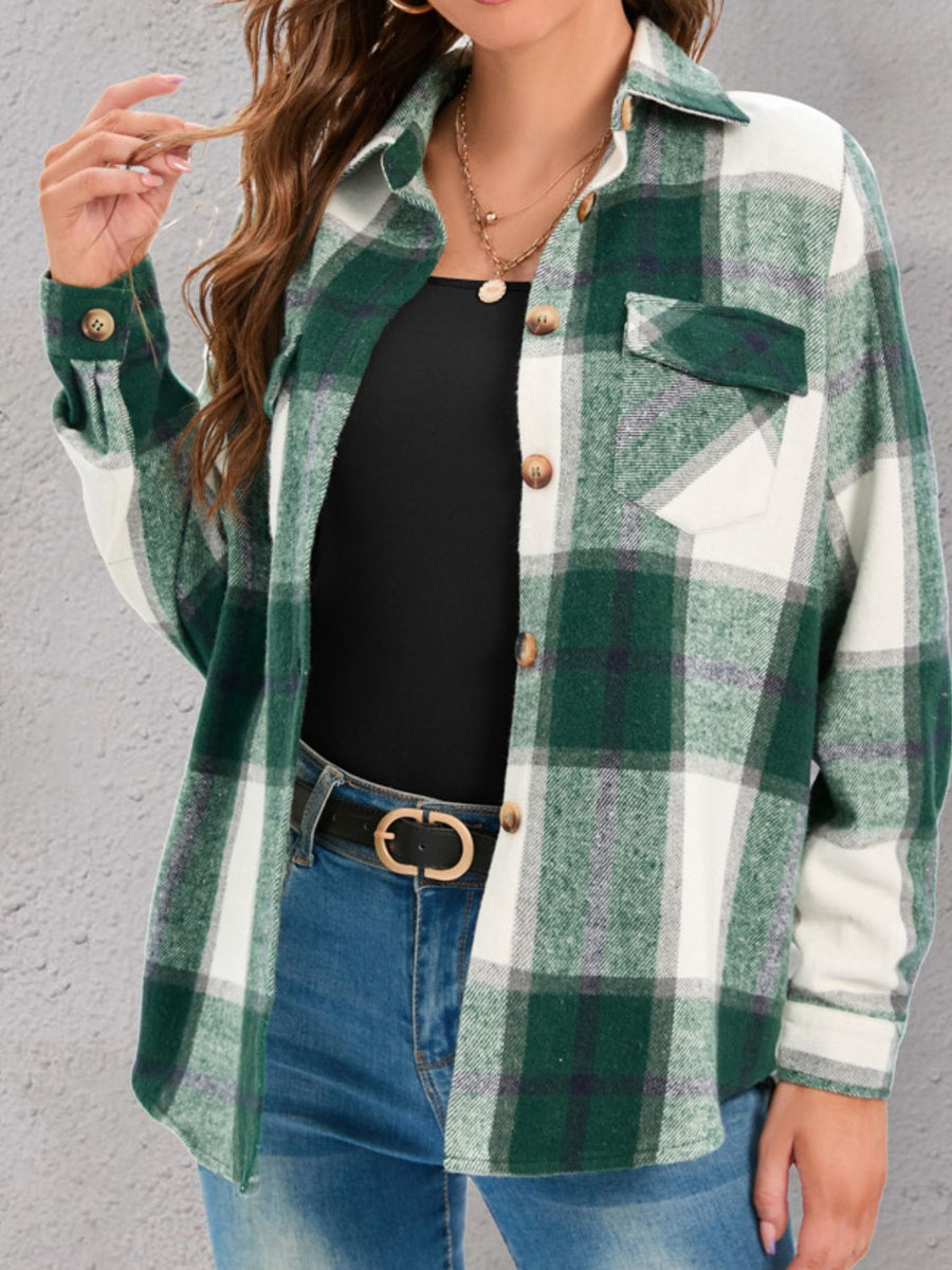 Checked plaid button-down overshirt in green and white with buttoned chest pockets and cuffs.