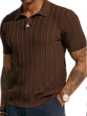 Dark brown ribbed knit polo shirt with button neckline and refined fit.