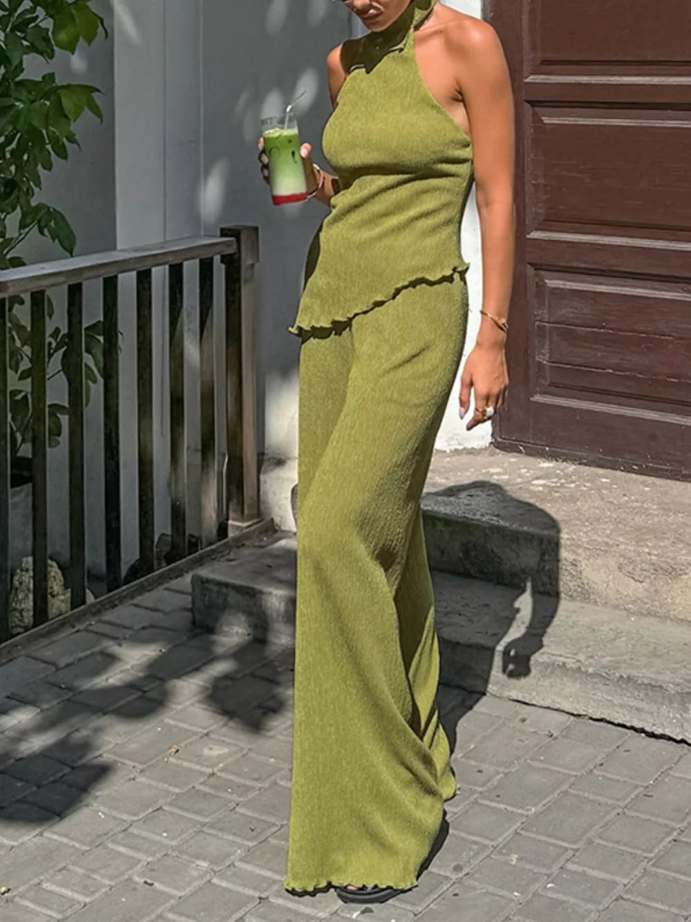 Sleeveless Top And Wide-leg Pants Two-piece Set in Green
