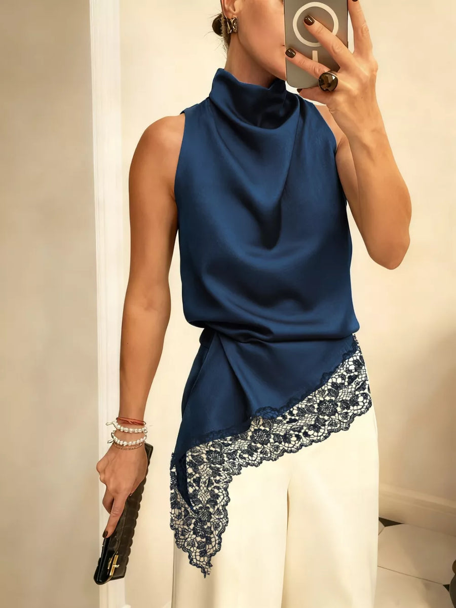 Dark blue asymmetrical cami top with lace trim detail