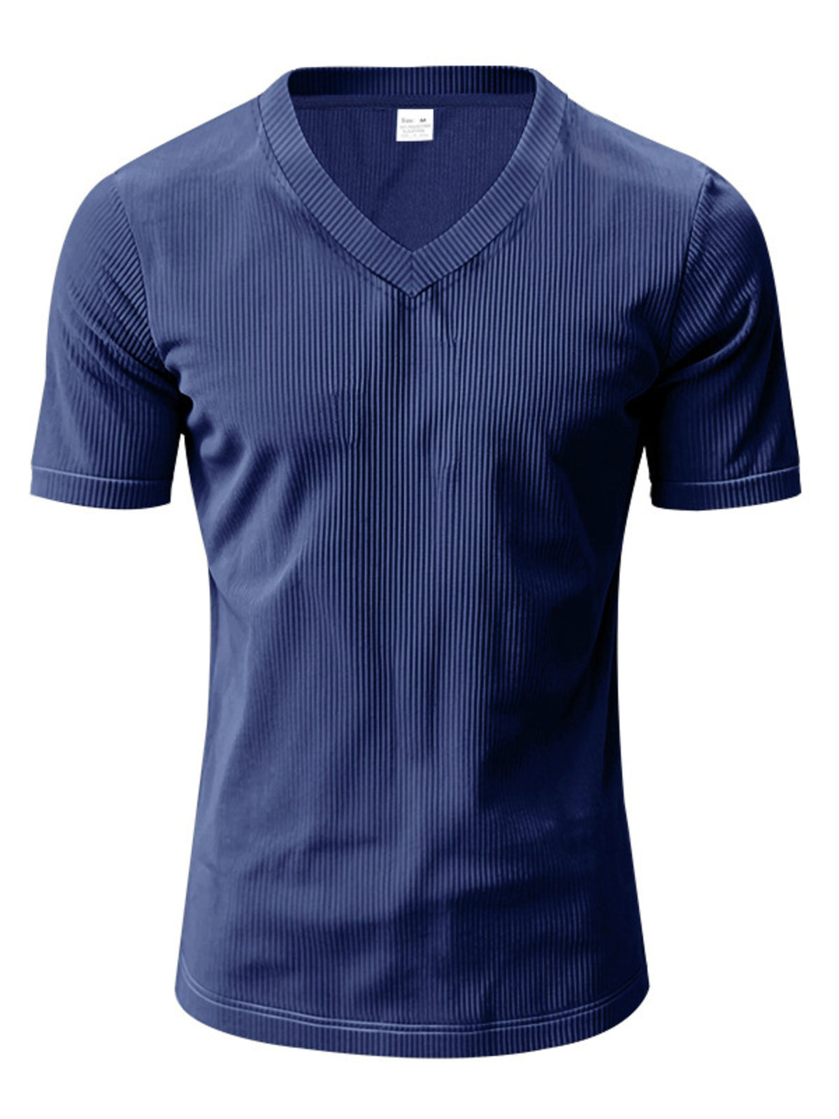 Men's denim blue ribbed V-neck t-shirt with short sleeves.