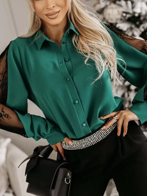 Lace-sleeve Button Up Shirt in Dark Green