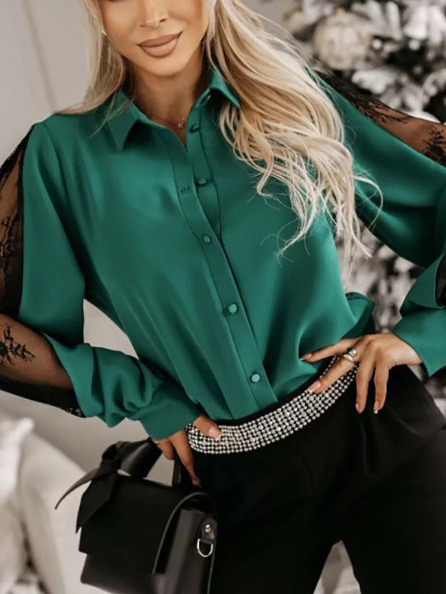 Lace-sleeve Button Up Shirt in Dark Green