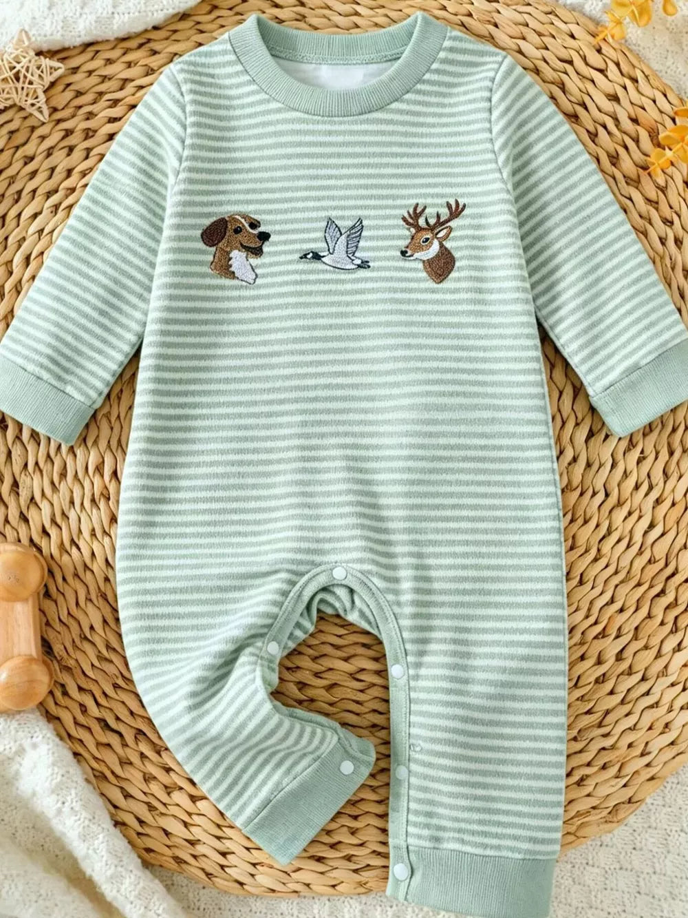 Light Green Children's Animal Striped Long Sleeve Jumpsuit