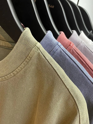 Oversized washed cotton tee in Gum Leaf, Dusty Blue, and Sherbet, showing relaxed fit neckline detail.