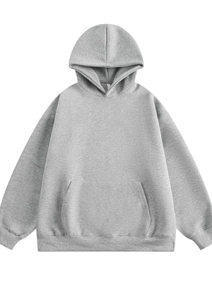 Grey hooded sweatshirt with long sleeves and a front pocket