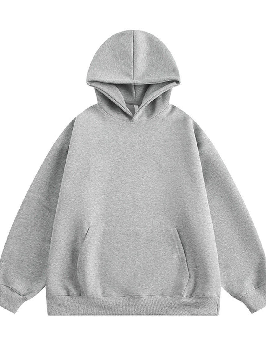 Grey hooded sweatshirt with long sleeves and a front pocket
