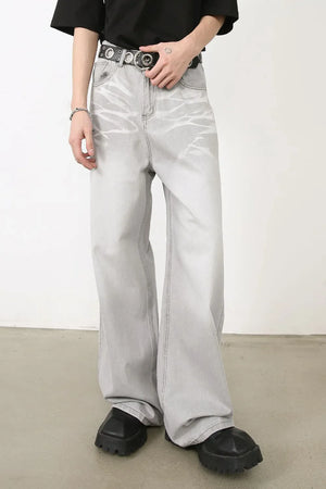 Gray bleached wash wide-leg denim jeans with a relaxed fit and subtle distressed detailing.