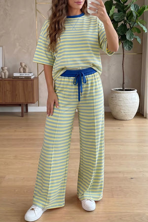pale yellow pajama set with striped and crew neck