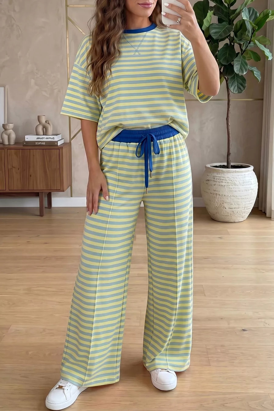 pale yellow pajama set with striped and crew neck