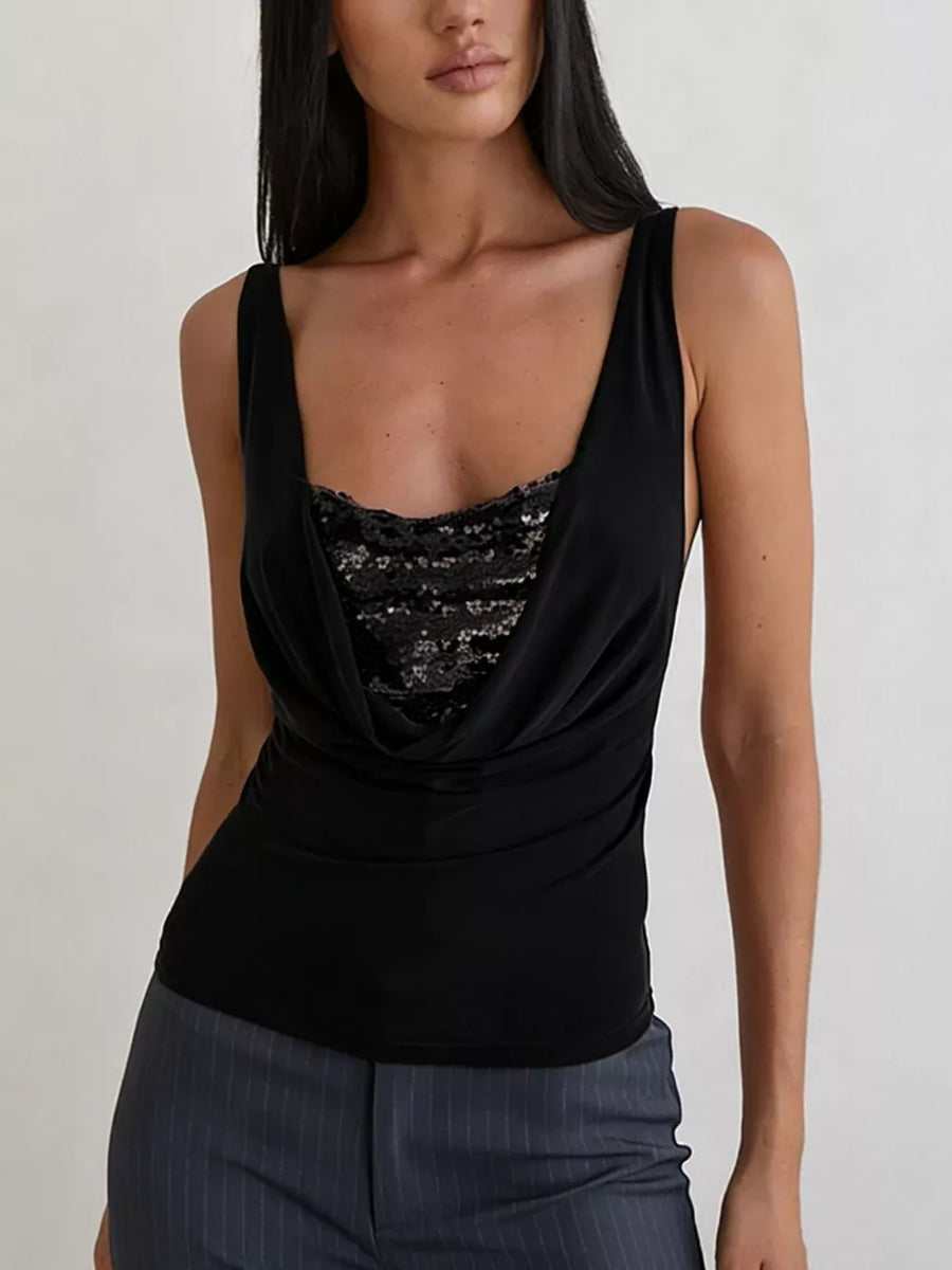 Black sequin ruched cowl neck tank top with a draped neckline.