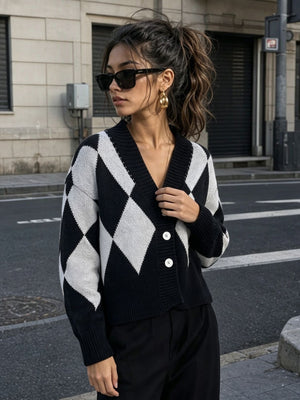 black cardigan with argyle and v-neck
