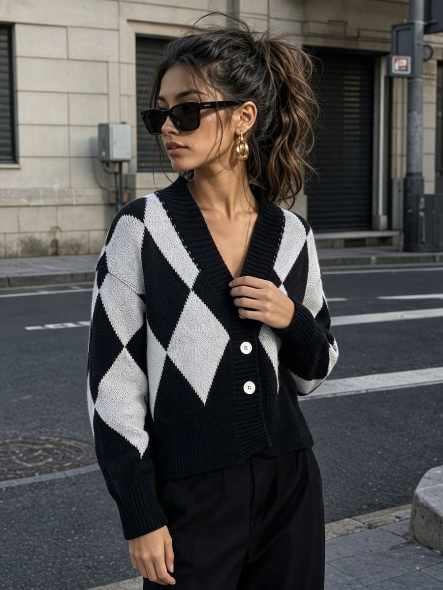 black cardigan with argyle and v-neck