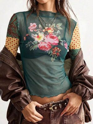 Dark Green blouse with sheer and long sleeve