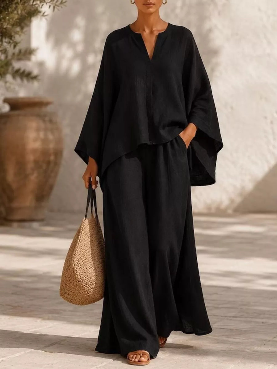 Notched Long Sleeve Top And Wide-leg Pants Set in White, view 13