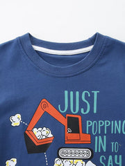 Blue cotton tee with excavator graphic and text.