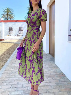 Green with V-neck Puff Sleeve Floral Midi Dress Plus Size