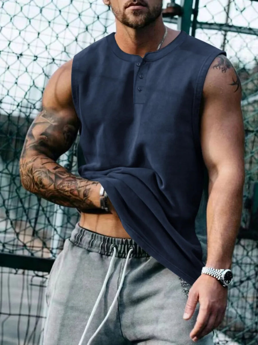 Navy henley neck sleeveless muscle tank top with button detail.