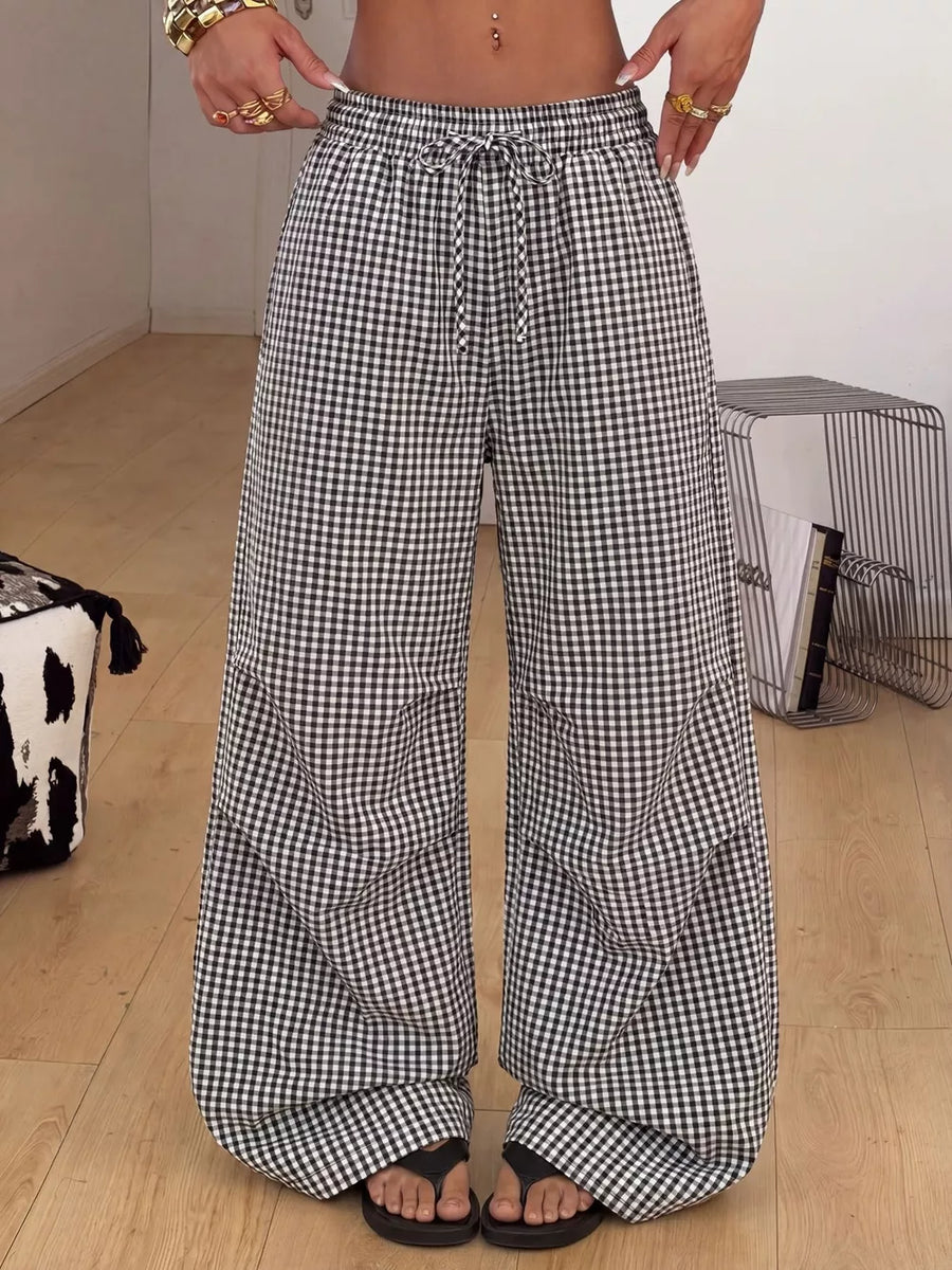 Deep Red wide-leg pants with drawstring and gingham