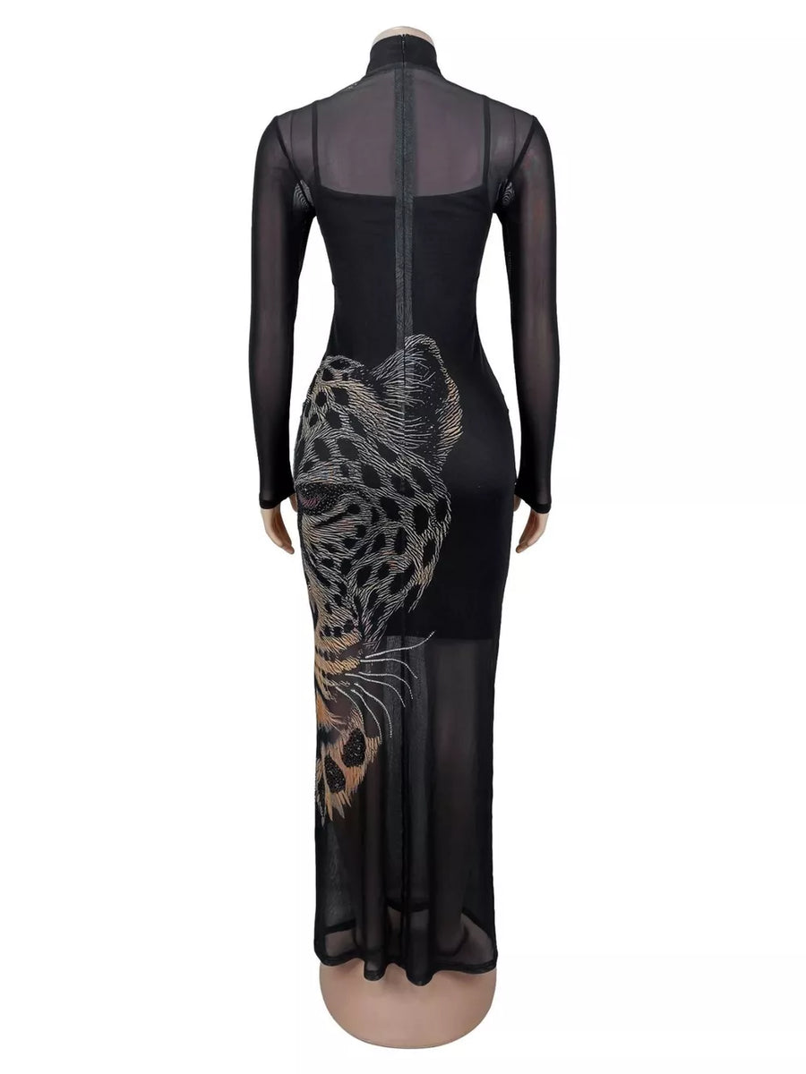 Black with Leopard Print Mesh Long Sleeve Maxi Dress in Black