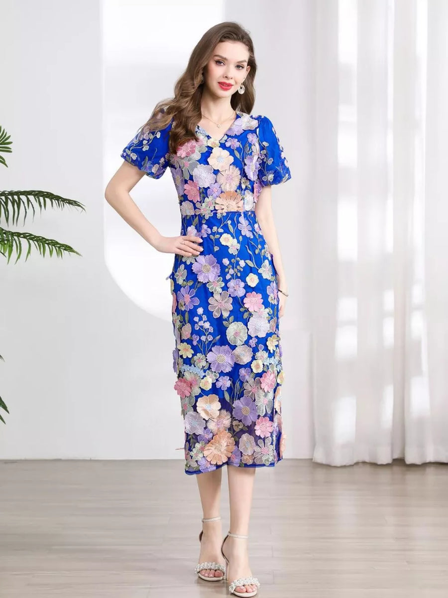 Blue floral embroidered midi dress with short sleeves and V-neck.
