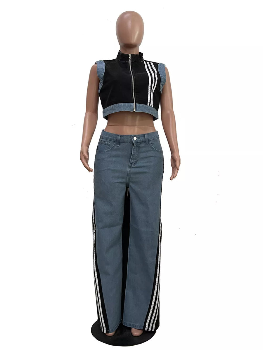 Chic zip-front crop top and wide-leg jeans set with side stripes.