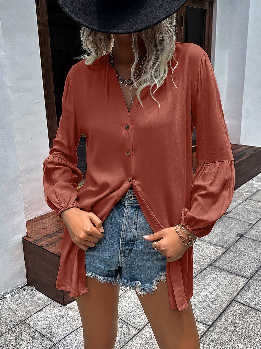 Oversized Khaki Mandarin collar blouse with balloon sleeves