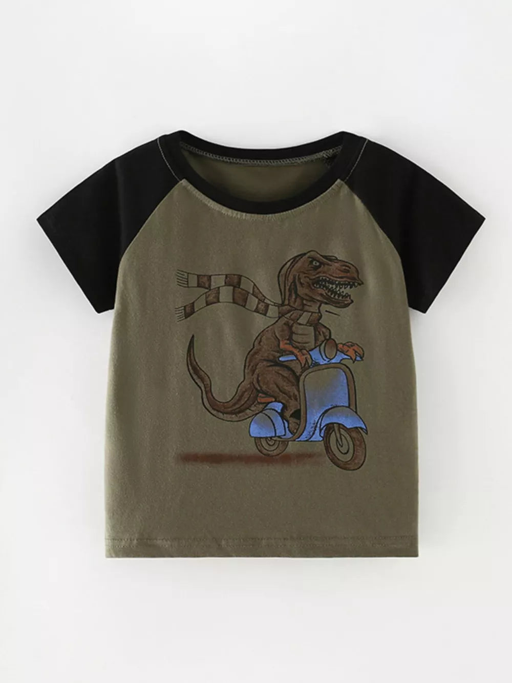 Toddler t-shirt with dinosaur graphic on scooter, crew neck, cotton, raglan sleeves.