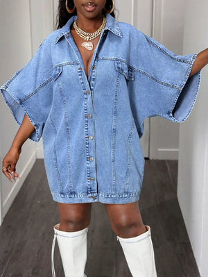 Sky blue oversized denim batwing dress with button front and collar