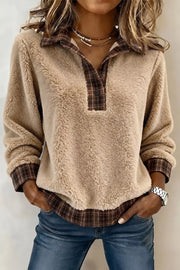 Plaid Collar Button Front Fleece Pullover Sweatshirt in Khaki