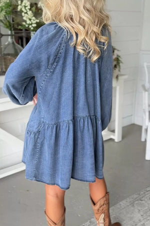 bohemian mini dress in medium wash denim blue with v-neck