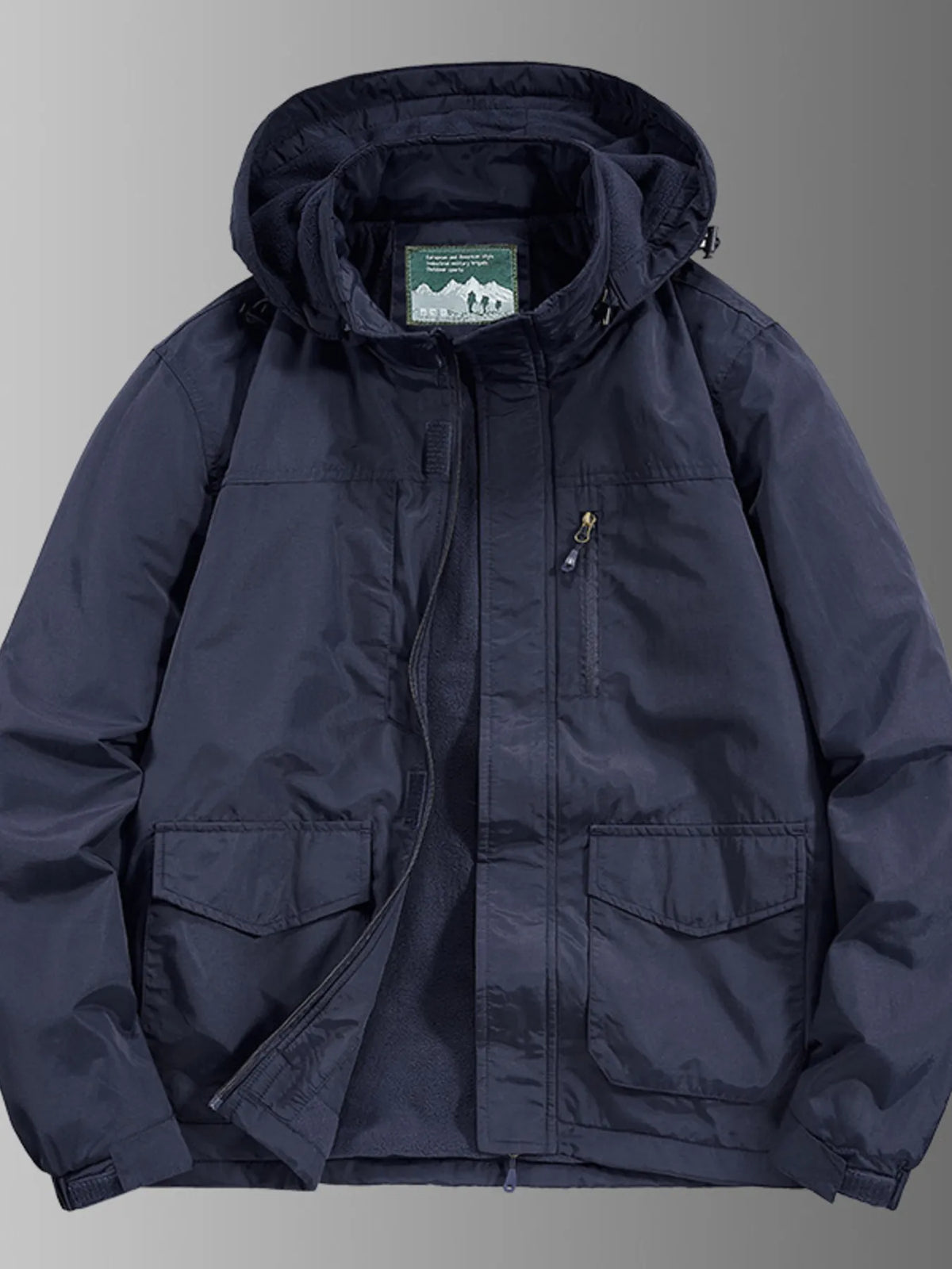 Dark blue hooded waterproof jacket with zip pockets and flap pockets