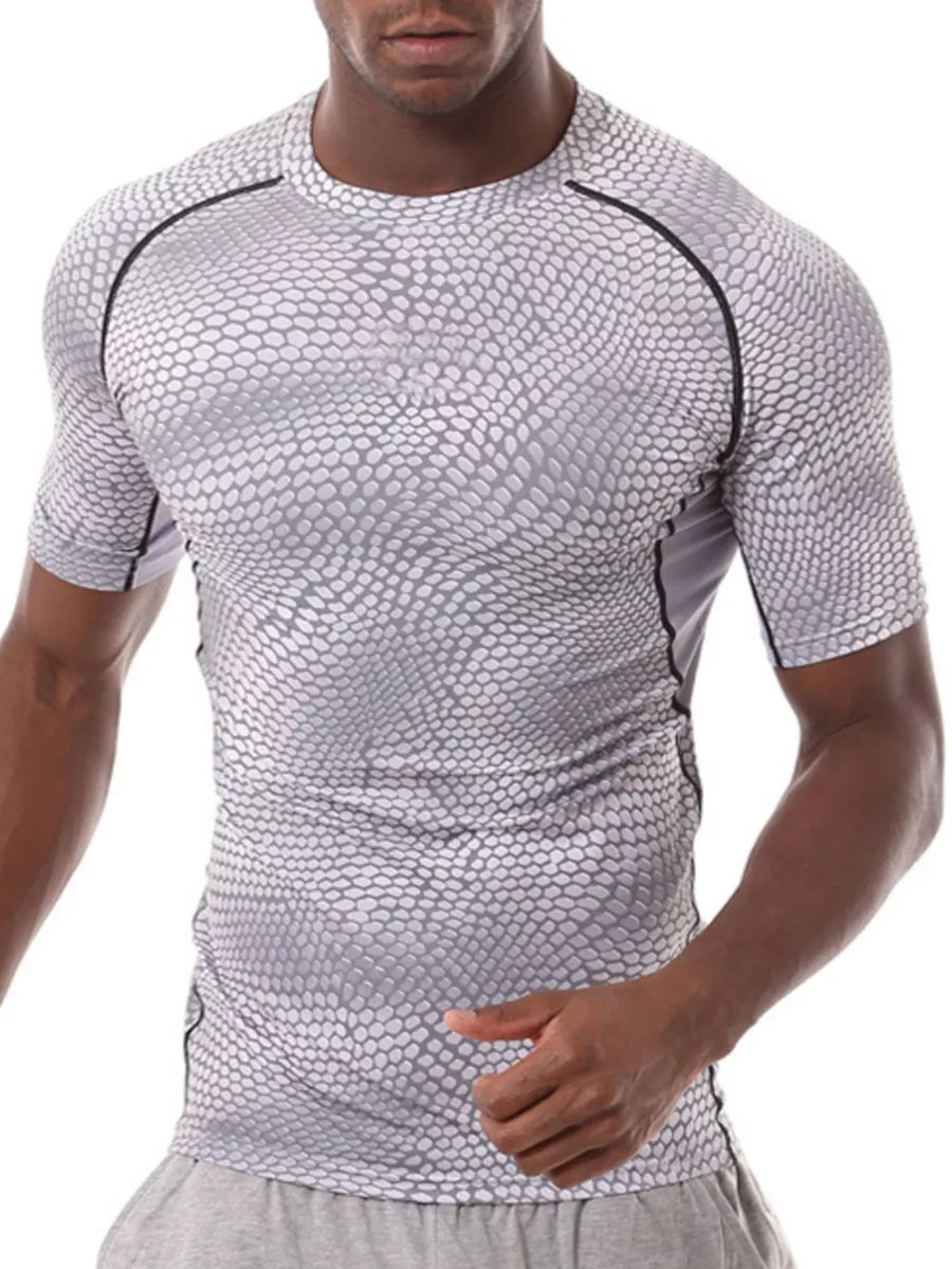 Men's short sleeve compression t-shirt in dark gray with a snake print pattern and black trim.