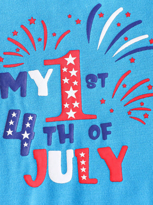 Blue cotton baby outfit with "My 1st 4th of July" text and fireworks graphic.
