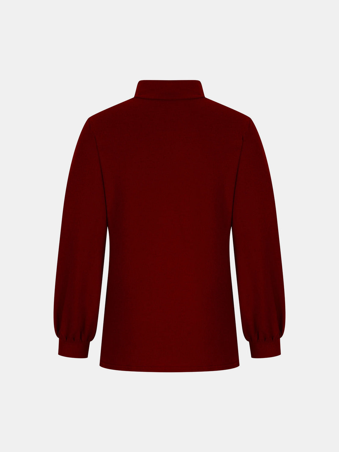 Burgundy mock neck top with puff sleeves and button back detail
