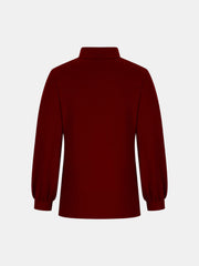 Burgundy mock neck top with puff sleeves and button back detail