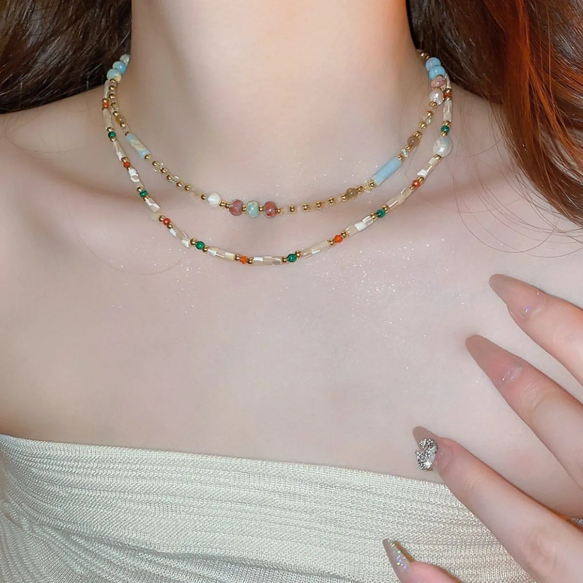 Multi-strand beaded collar necklace with multicolor gemstones and gold alloy accents
